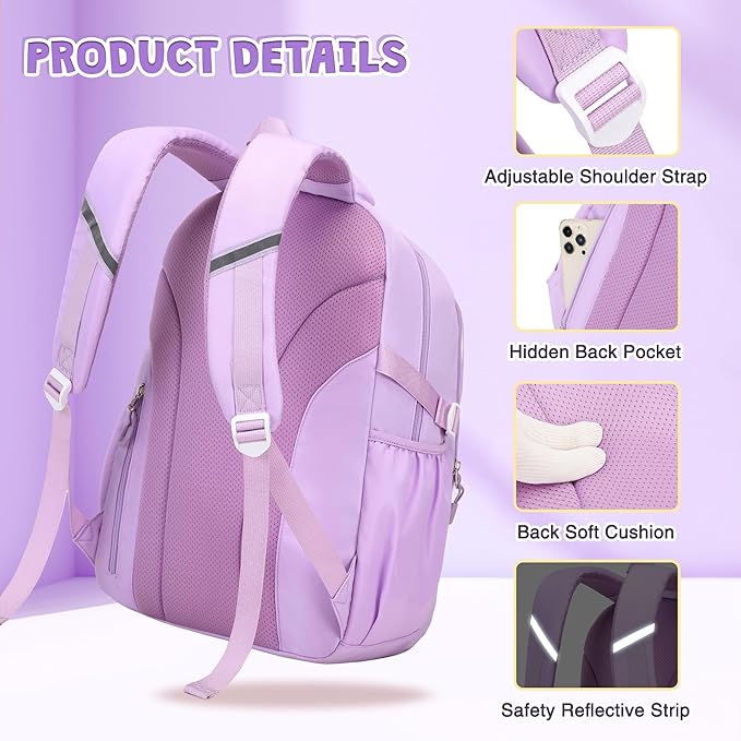 3PCS Girls Backpack for School, Kids Backpack for Girls with Lunch Box Pencil Case Set for Teen Girl Elementary Primary Middle High College School Bookbag with Cute Pins (Purple)