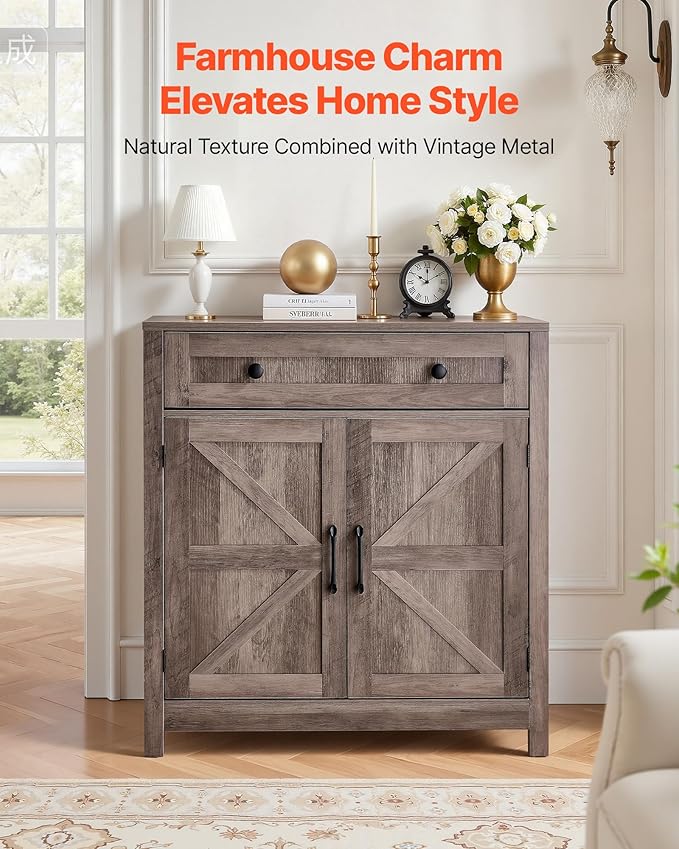 VEVOR Buffet Cabinet, Farmhouse Sideboard Cabinet with Drawer, Coffee Bar Cabinet with 2 Barn Door, Sideboard Buffet Station for Living Room, Entryway, Kitchen, 29.5 x 14.7 x 31.5 in, Grey