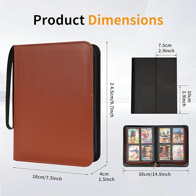 Wonderpool Card Binder A5 Album Zippered 4-Pocket Trading for 240 Cards - Leather PU Card Holder Collection Storage Folder, Side-Loading for Photo Pokemon, MTG, TCG, Yugioh, Sports Cards (Brown)