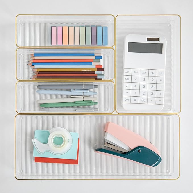 Martha Stewart Kerry Plastic Stackable Office Desk Drawer Organizers, Set of 5, with Gold Trim