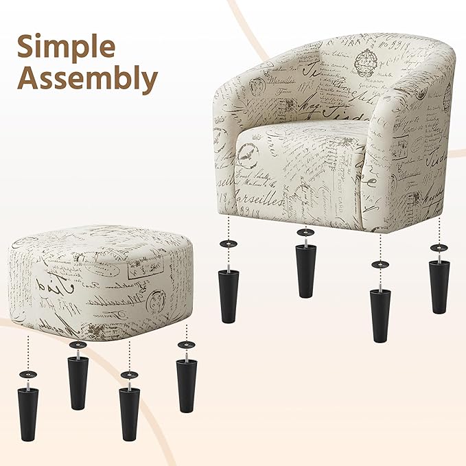 Yaheetech Accent Chair with Foot Rest, Mid Century Modern Upholstered Soft Barrel Chair, Comfy Fabric Armchair and Footrest Set for Living Room/Bedroom/Reading Room, Set of 2 Letter Print