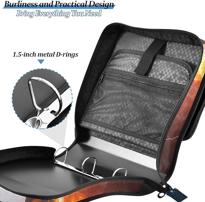 Water Fire Soccer Zipper Binder Bag 3 Ring Binder with Shoulder Strap Zip Up 500 Sheets Capacity Multi Pockets for School Office Supplies