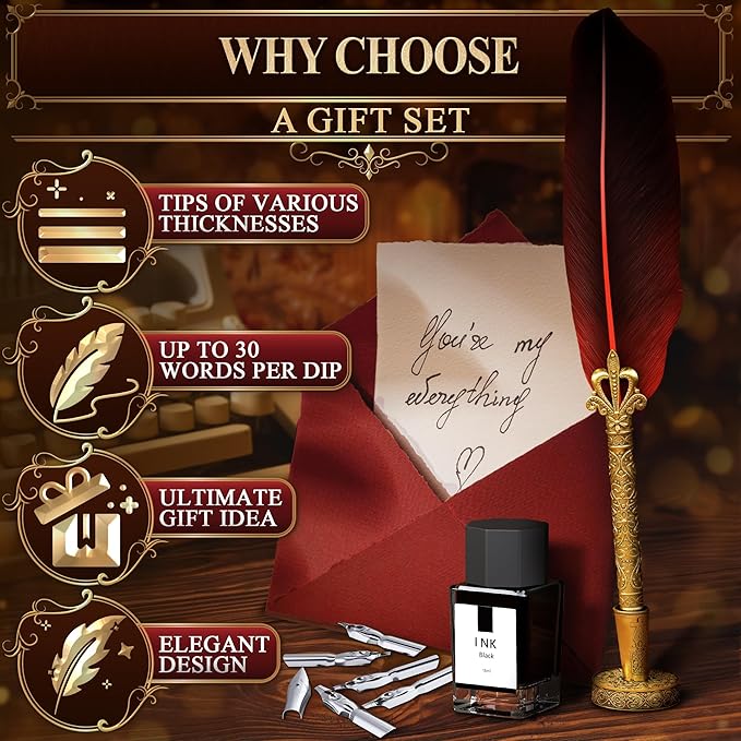 Red Feather Quill Pen and Ink Set - 11.4" Antique Feather Pen and Ink Set with Stainless Steel Nib for Calligraphy Practice, Drawing & Signatures - Designed for Beginners and Calligraphy Enthusiasts