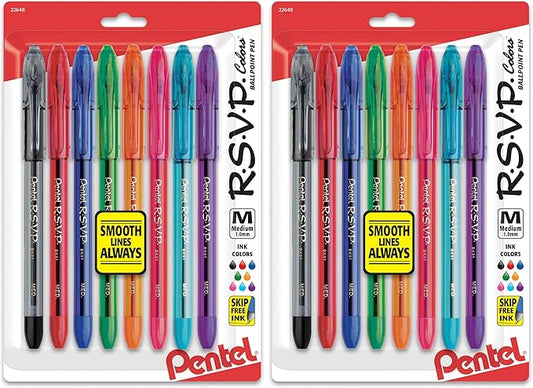 Pentel RSVP Ballpoint Pen,(1.0mm),Medium Line,Assorted Ink (BK91CRBP8M),(Pack of 16)