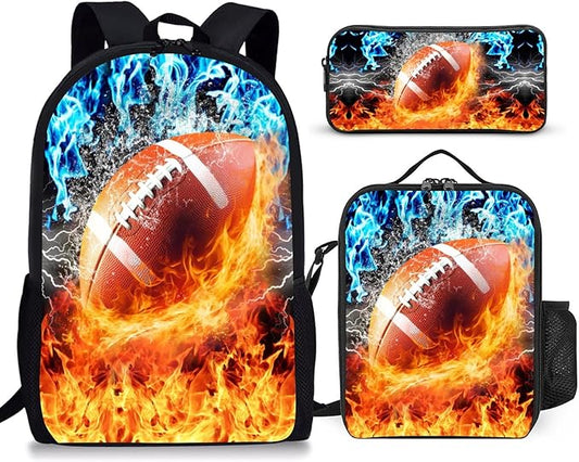 3PCS Football Backpack Set for Boys, Lightweight Large Backpack with Lunch Box & Pencil Case, Cool Sport Bookbag for Kids, Back to School Backpacks for Elementary & Middle School - 01