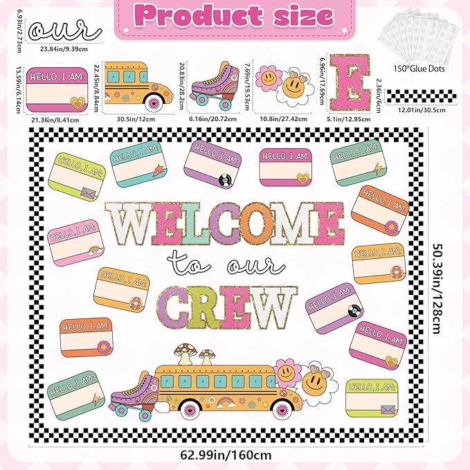 Welcome Back to School Bulletin Board Decorations Set, Groovy Classroom Decor Retro Welcome to Our Crew Classroom Decor Colorful Cutouts for Back to School Teachers Supplies Classroom Wall Door Decor