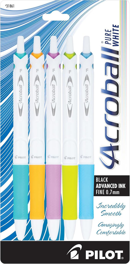 PILOT Acroball PureWhite Advanced Ink Refillable & Retractable Ball Point Pens with Turquoise/Orange/Purple/Lime/Blue Accents, Fine Point, Black Ink, 5-Pack (31861)