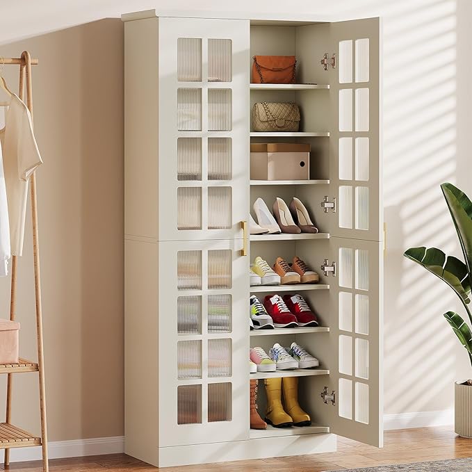 Tribesigns Tall Shoe Cabinet with Doors, 8-Tier Shoe Storage with Adjustable Shelves, Modern Shoe Organizer Shoe Rack Cabinet for Entryway, Hallway, Closet, Living Room, White