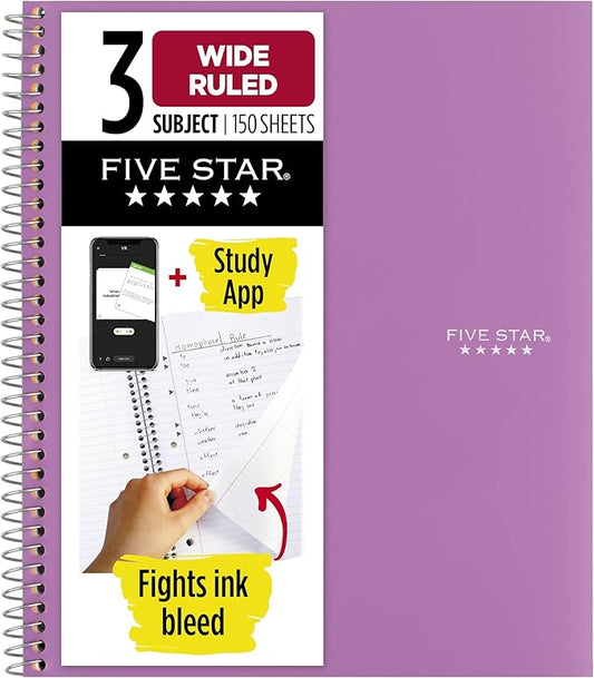 Five Star Spiral Notebook + Study App, 3 Subject, Wide Ruled Paper, 8" x 10-1/2", 150 Sheets, Fights Ink Bleed, Water Resistant Cover, Amethyst Purple (38737)