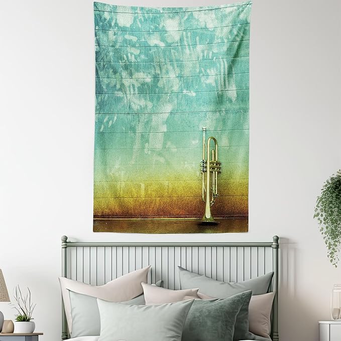 Ambesonne Music Tapestry Twin Size, Old Aged Worn Single Trumpet Stands Alone Against a Faded Wall Jazz Theme Photo, Wall Hanging Bedspread Bed Cover Wall Decor, 68" X 88", Teal Brown