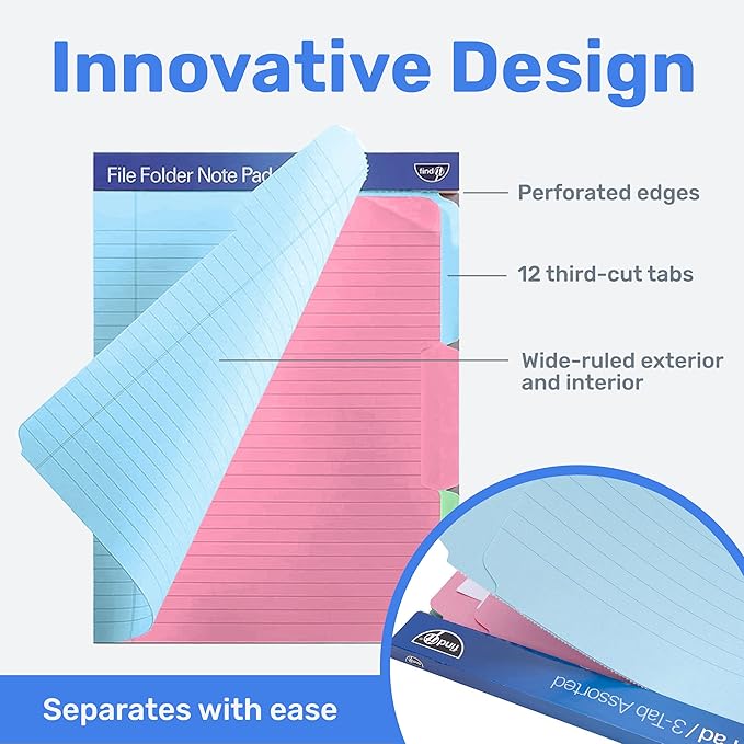 Find It File Folder Notepad - Pack of 72-9.5 x 12.5 Inch Notebook Organizer Folders for Filing, Document, and Clipboard Organization - Assorted Colors