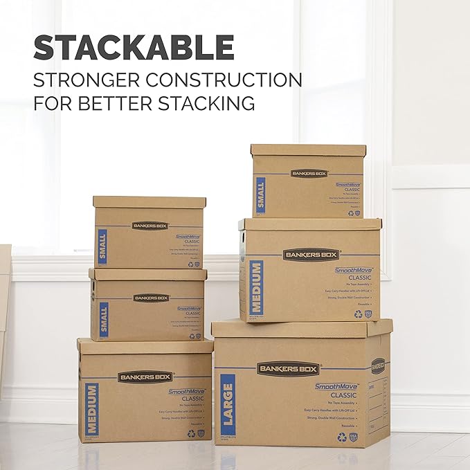 Bankers Box Medium Classic Moving Box 10 Pack, Reinforced Handles, Tape-Free Assembly, Box with Lid, 19-in x 14.5-in x 15.5-in (8817201)
