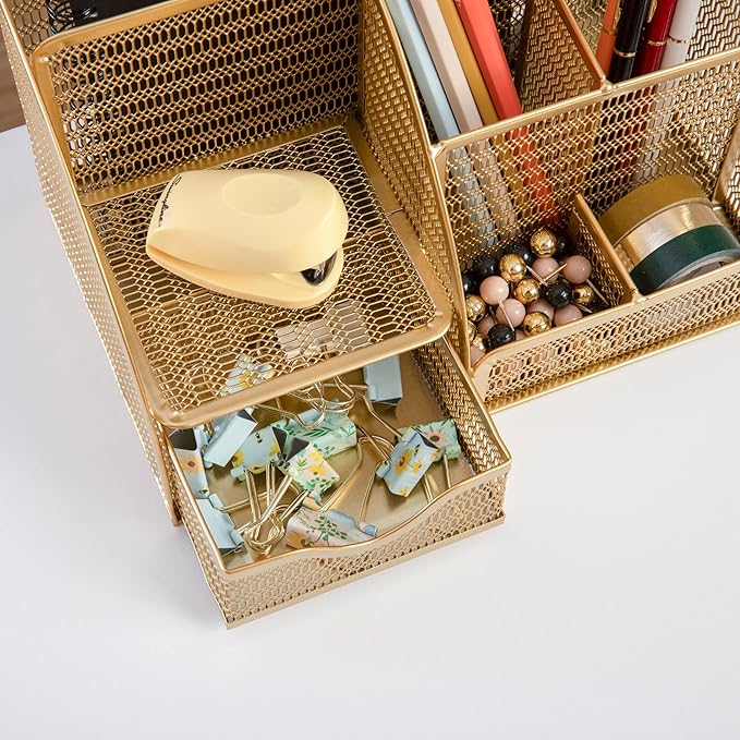 Martha Stewart Ryder Gold Mesh Metal Small Desktop Organizer for Office Accessories, Notebooks, Pen Holder and Drawer