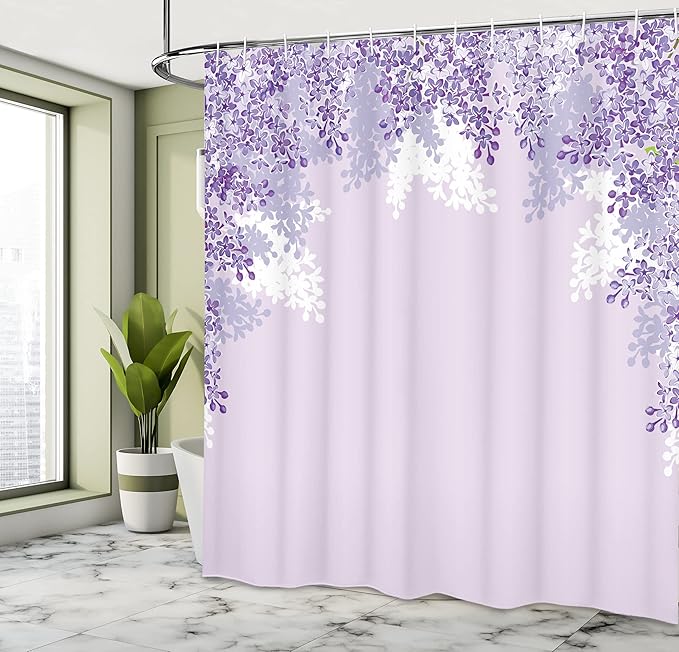 Ambesonne Flower Shower Curtain, Framing Lilac Flowers in Blossom Vernal Season Soothing Color Shades Artwork, Cloth Fabric Bathroom Decor Set with Hooks, 69" W x 84" L, Blue Violet