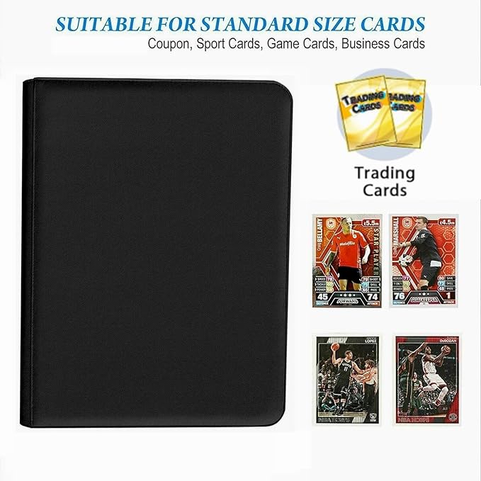 9-Pocket Zippered Trading Card Binder, 864 Pockets Double-Sided Side-Loading Card Organizer Album, PU Leather Card Holder Protector for MTG, TCG, Sports Cards (Black)