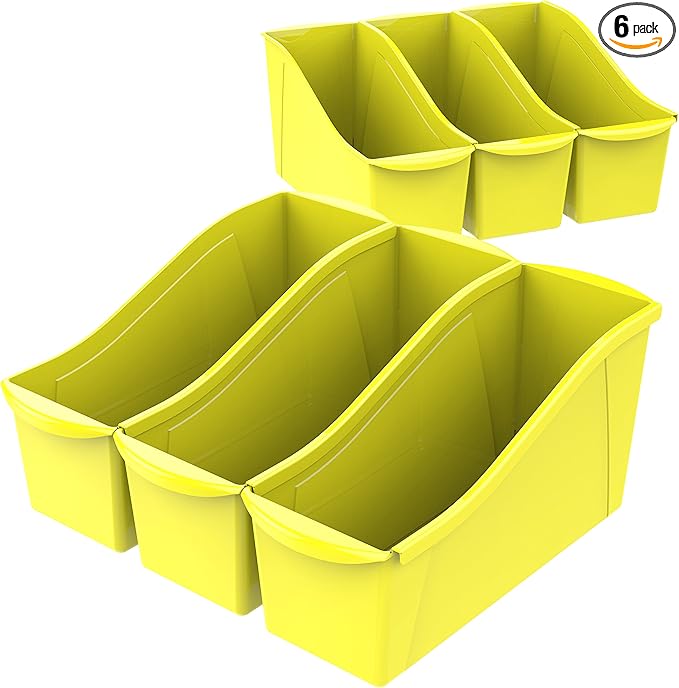 Storex Large Book Bin, Interlocking Plastic Organizer for Home, Office and Classroom, Yellow, 6-Pack (71105U06C)