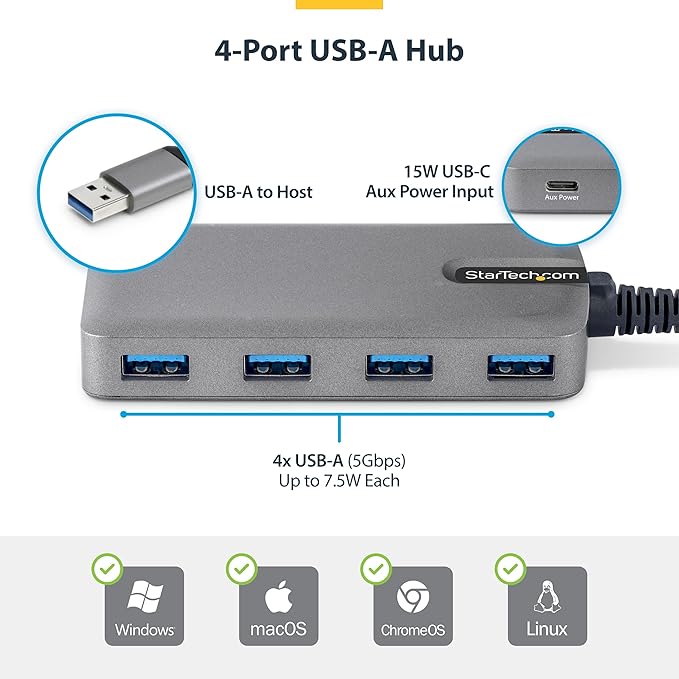 StarTech.com 4-Port USB-A Hub, 5Gbps Data Transfer, Bus-Powered USB 5Gbps Splitter, 4X Type-A Ports Extender for Laptops, Compatible with MacBook, Dell XPS, Surface Pro, Chromebook
