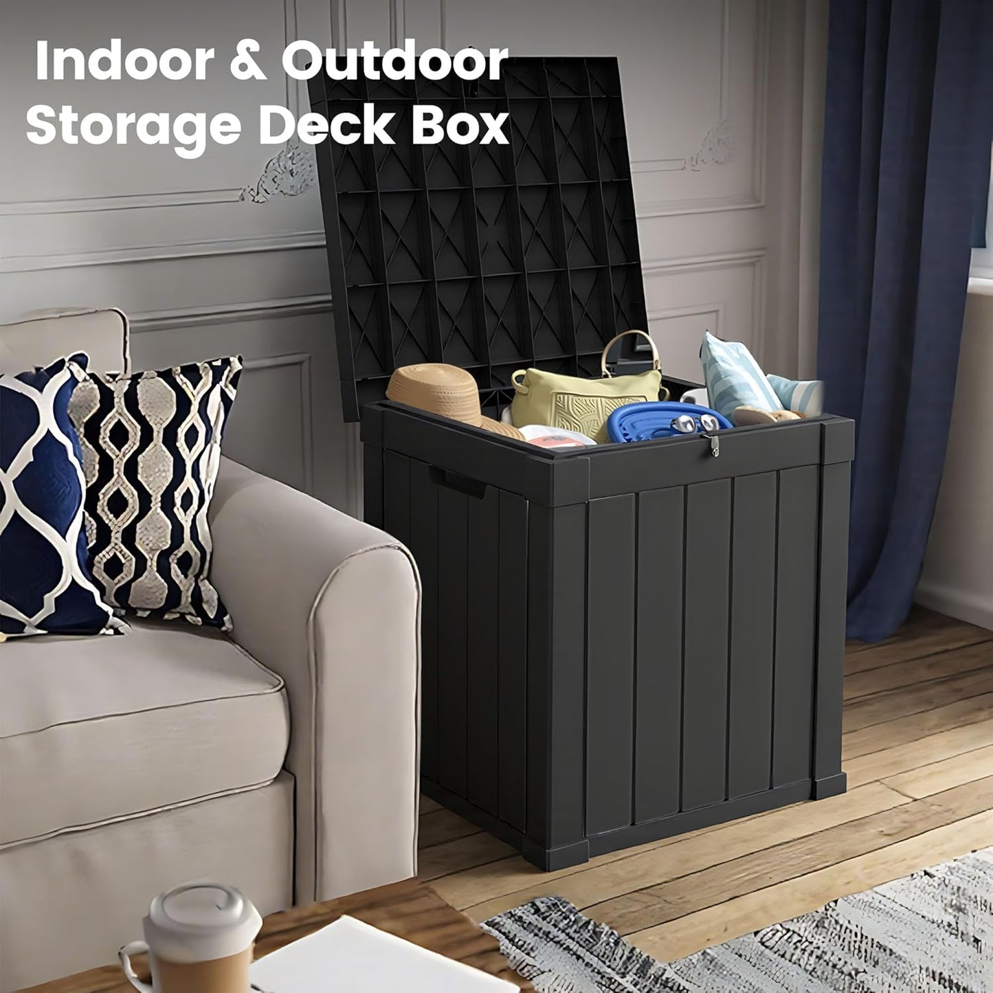 50 Gallon Storage Box, Waterproof Deck Box for Indoor & Outdoor Use, Lockable Pool Storage Bin for Package Delivery, Outdoor Bench for Patio Cushions, Garden Tools, Backyard, Black