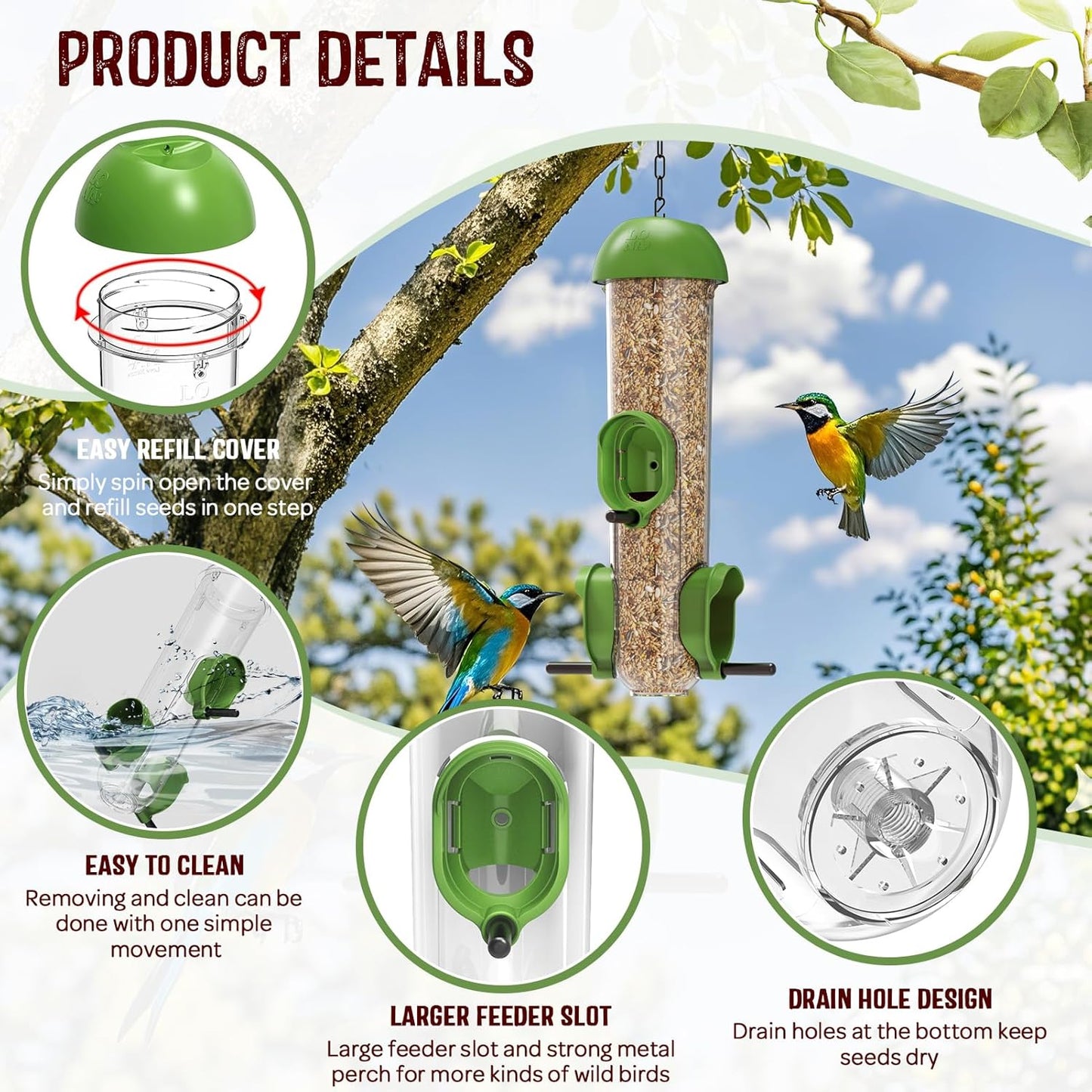 LONA Bird Feeders for Outdoors, Tube Feeder Weatherproof with Multiple Hanging Methods, Wild Bird Feeding Silo for Outside, 3 Port
