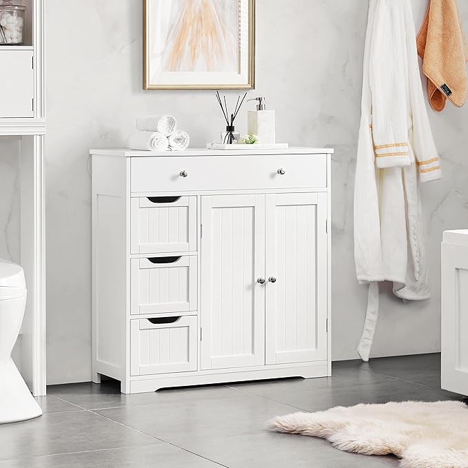 Yaheetech Bathroom Floor Cabinet, Large Storage Space Wooden Organizer with 1 Big Drawer, 3 Small Drawers & 2 Doors, Free-Standing Cupboard for Kitchen/Living Room/Bathroom Use, White