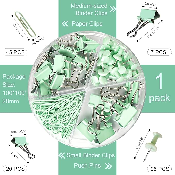 97 PCS Office Supplies for Women, Paper Clips, Binder Clips and Push Pins Set, Paperclips Thumb Tacks School and Home Desk Supplies, Desk Organized (Green)