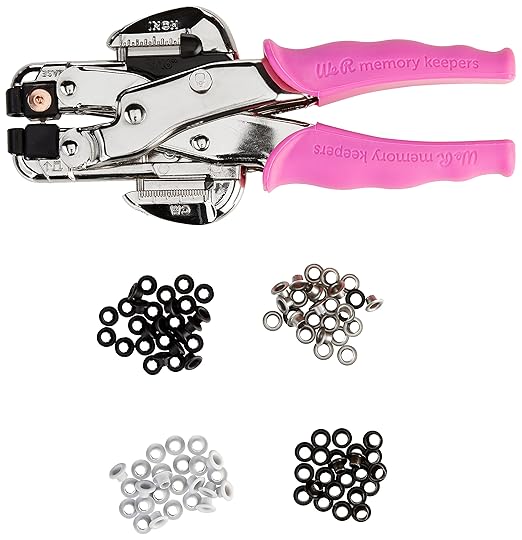 We R Memory Keepers- Crop-A-Dile Eyelet Setter Punch Kit, Pink, Includes 100 Eyelets, Comfort Handle, for 1/8 or 3/16 Inch Holes, Metal, Craft Paper, Leather, Fabric and More