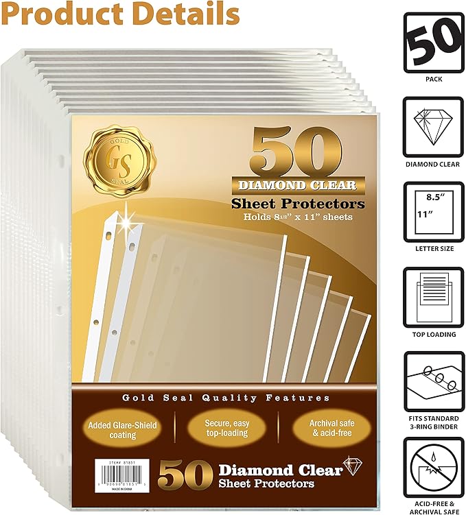 GOLD SEAL 50 Count Diamond Clear Sheet Protectors, Anti Glare Coating, Standard Durable Weight, 8.5 x 11, Topload, 50 Pack