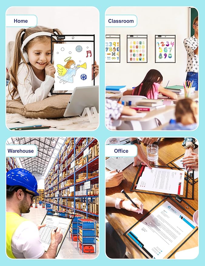 SUNEE 50 Packs Oversized Reusable Dry Erase Pocket Sleeves with 3 Rings, Black 10x14 Ticket Holders, Clear Plastic Sheet Protectors, Teacher School Classroom Supplies