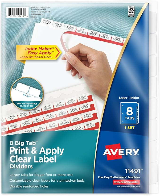 Avery 8 Big Tab Dividers for 3 Ring Binder, Easy Print & Apply Clear Label Strip, Index Maker Customizable White Tabs, 1 Set (11491)