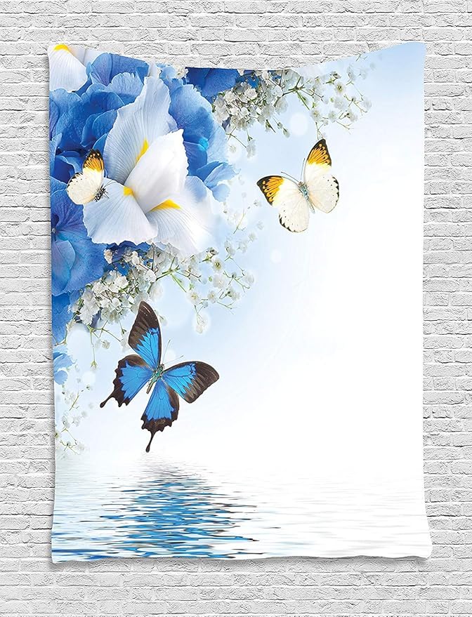 Ambesonne Floral Tapestry, Nature Theme Wild Flowers Monarch Flying Butterflies Lily on Lake Therapy Spa, Wall Hanging for Bedroom Living Room Dorm Decor, 40" X 60", Purple Blue