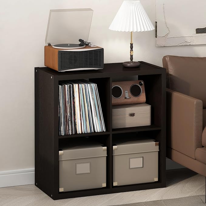 Furinno Cubicle Record Player Stand with Vinyl Storage, 4-Cube 1.2 Extra Thick Vinyl Record Storage, Open Back Media Shelf for CD DVD Blueray Game Disc, for Living Room, Home Office, Black Dark Oak