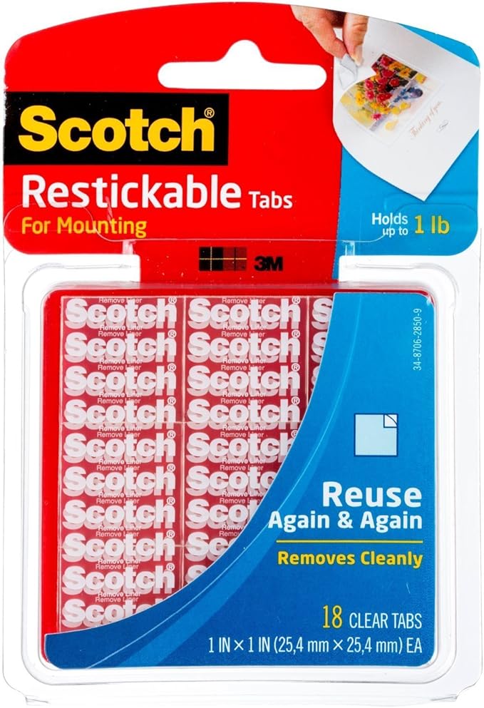 Scotch Restickable Tabs, 1-inch x 1-inch, Clear, 18-Tabs (R100) 4-Pack