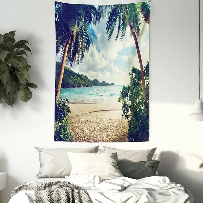 Ambesonne Palm Tree Tapestry, Summer Beach Vintage Style Tropical Sunset Picture Print, Fabric Wall Hanging Decor for Bedroom Living Room Dorm, 23" X 28", Dark Green Sand Brown