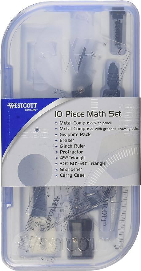 Westcott 10-Piece Math Set for Students, Includes 2 Compasses, Protractor & Ruler, Back to School, Classroom, School Supplies, Geometry Practice, Durable Storage Case
