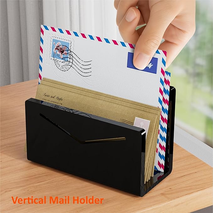 Acrylic Mail Holder, Black Acrylic File Letter Organizer, Vertical Envelope Mail Holder for Desk, Lightweight Countertop Bill Holding Sorter Letter Invoice Stand for Home Office School