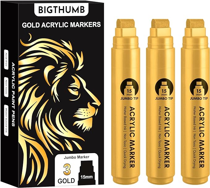 3 Pcs Gold Jumbo Permanent Markers: 15mm Wide Tip Thick Acrylic Paint Pen Large Calligraphy Marker for Rock Painting, Poster, Sign, Canvas, Glass, Wood, Ceramic