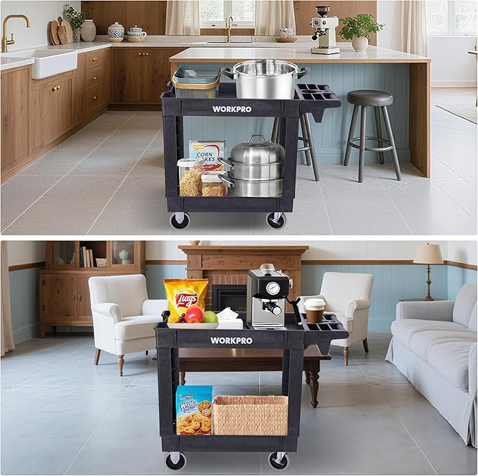 WORKPRO 2-Tier Utility Service Cart, 500 lbs Capacity Rolling Tool Cart with 360° Swivel Locking Casters, 39"x17"x33" PP Plastic Work Cart for Garage, Home, Warehouse