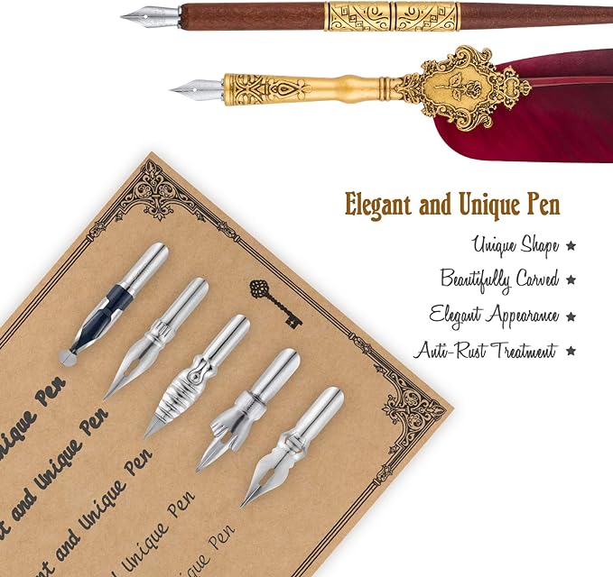 Hethrone Feather Pen and Ink Set - Quill Pens Calligraphy Pen Set Fountain Dip Pen