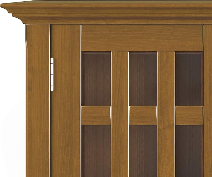 SIMPLIHOME Bedford Storage Cabinet - 32 inch Wide Solid Wood Low Media Cabinet in Light Golden Brown, Transitional Console for Living Room, Entryway, or Dining Room with Glass Doors and Shelves