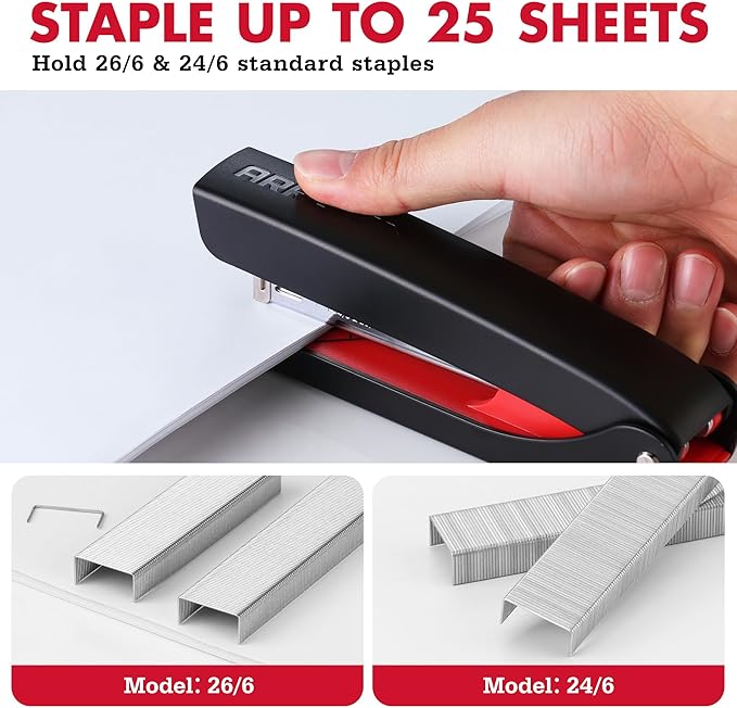 Arrow Full-Strip Stapler with Staples, 25 Sheets Capacity, 2-Pack Stapler with Staple Remover and 2520 Count 26/6 Staples, Built-in Storage, Open for Tacking, Non-Slip, for Office, School and Home
