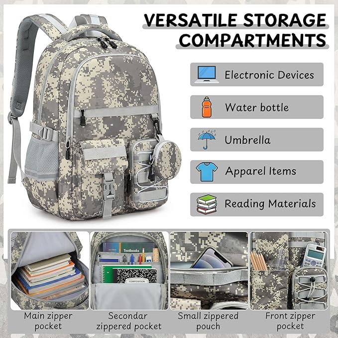 School Backpack for Boys - 5pcs Camo Boys Backpack with Lunch Box Set for Kids Teens Elementary Middle High School,18″ Large Capacity Students Bookbag