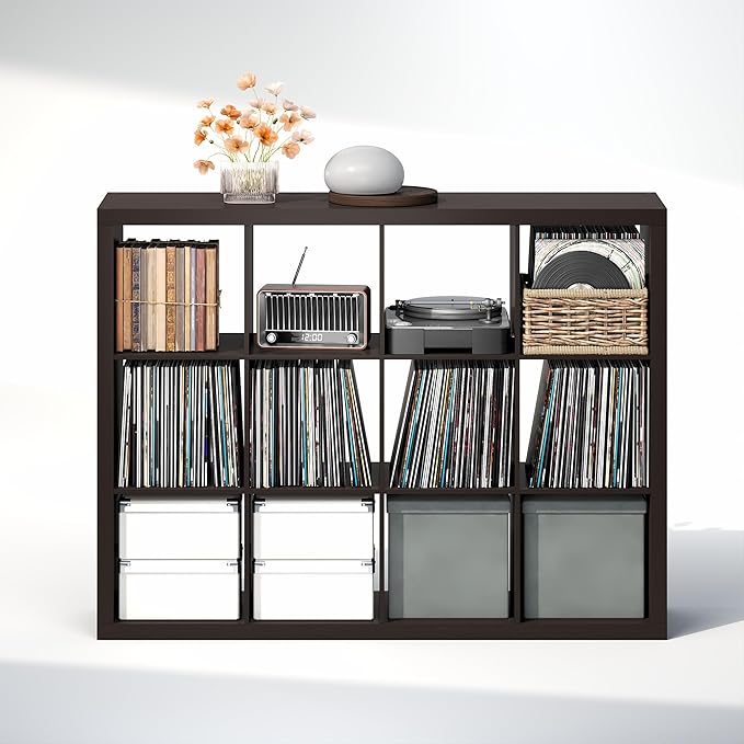 Furinno Cubicle Record Player Stand with Vinyl Storage, 12-Cube Vinyl Record Storage, 1.65" Triple Thick Open Back Media Shelf for CD DVD Blueray Game, for Living Room, Home Office, Black Dark Oak