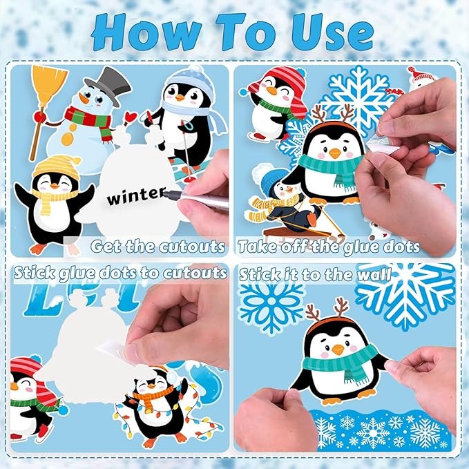 69 Pcs Winter Bulletin Board Decorations Set - Let It Snow Penguin Snowflake Cutouts Christmas Bulletin Board Border Decor for Xmas Holiday School Classroom Party Supplies