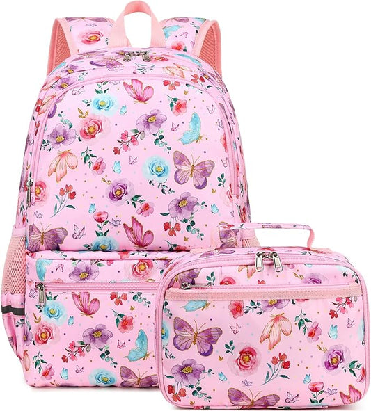 DSIUE Kids Backpack for Girls Elementary BookBags Teens Middle School Backpack with Lunch Box Butterfly Pink