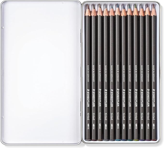 Staedtler Water-Soluble Tinted Graphite Pencils, Watercolor Artist Set, Pre-sharpened, 12 Colors in Metal Tin, 14610T M12