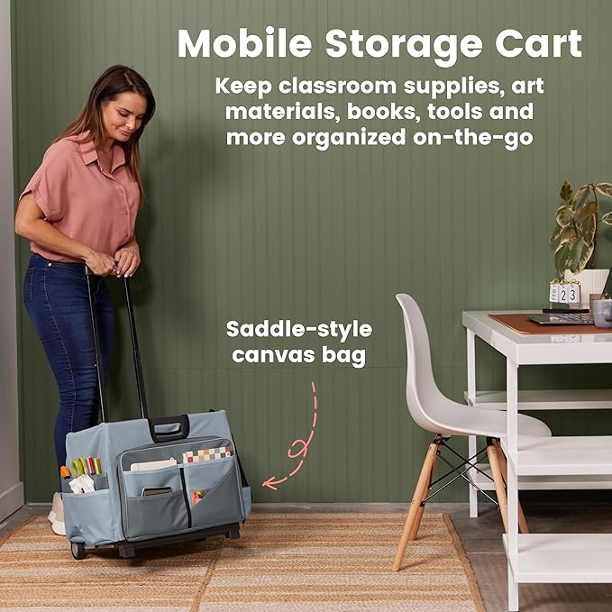 ECR4Kids Universal Rolling Cart with Canvas Organizer Bag, Mobile Storage, Dark Grey/Grey