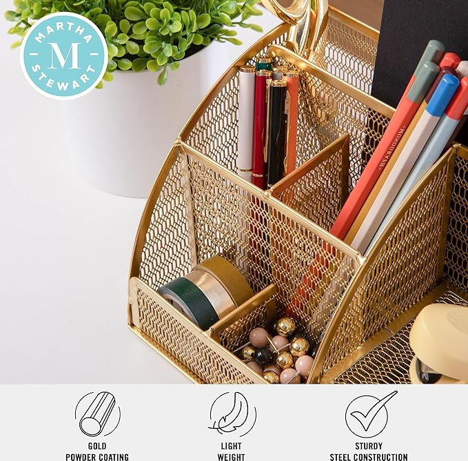 Martha Stewart Ryder Gold Mesh Metal Small Desktop Organizer for Office Accessories, Notebooks, Pen Holder and Drawer