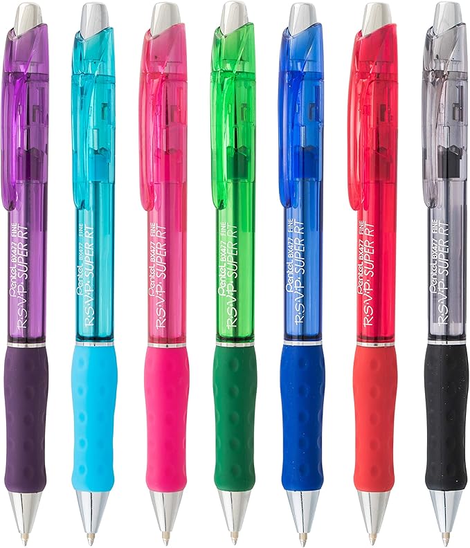 Pentel RSVP Super RT Ballpoint Pen, (0.7mm) Fine Line, Assorted Ink, Pack of 4 (BX477BP4M1)