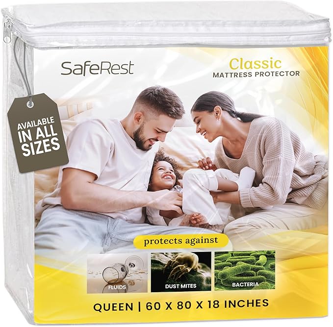 SafeRest Waterproof Mattress Protector Queen Size – Absorbent Breathable Soft Fitted Bed Cover with 18" Deep Stretchable Pockets – Machine Washable Queen Mattress Cover