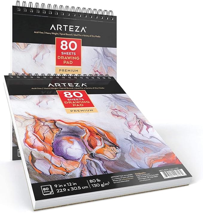 ARTEZA Artist Sketch Pad, 9x12 Inches – 2-Pack, 80 Spiral-Bound Sheets Each, Acid-Free 80 lb White Paper for Sketching, Drawing & Daily Art Practice